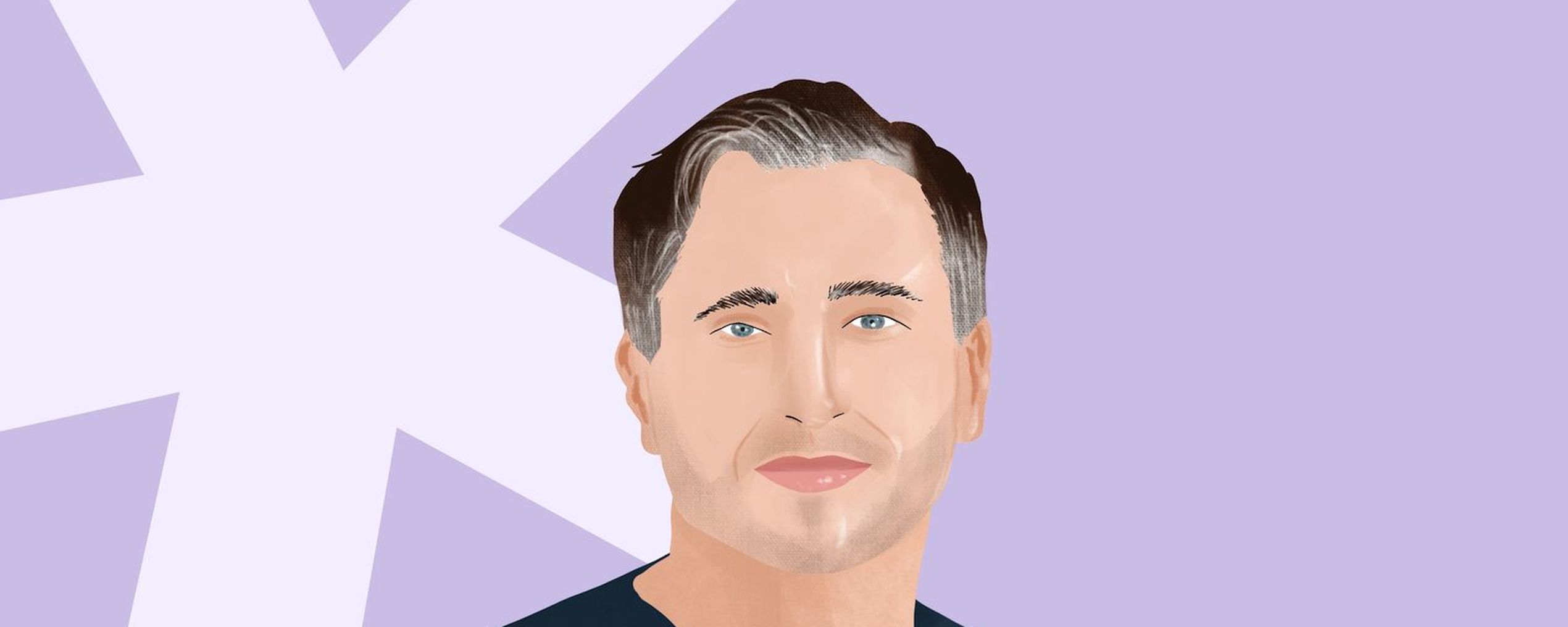 Illustration of a man with short dark hair and blue eyes against a light purple background with white geometric shapes.