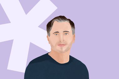 Illustration of a man with short dark hair and blue eyes against a light purple background with white geometric shapes.
