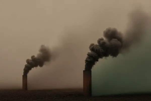 beeld van 2 schouwen die donkere rook uitspuwen
