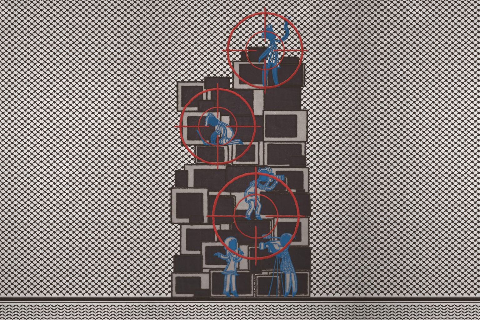 Abstract art with blue figures and red crosshairs on a black-and-white patterned background. Figures interact with a stacked block structure.