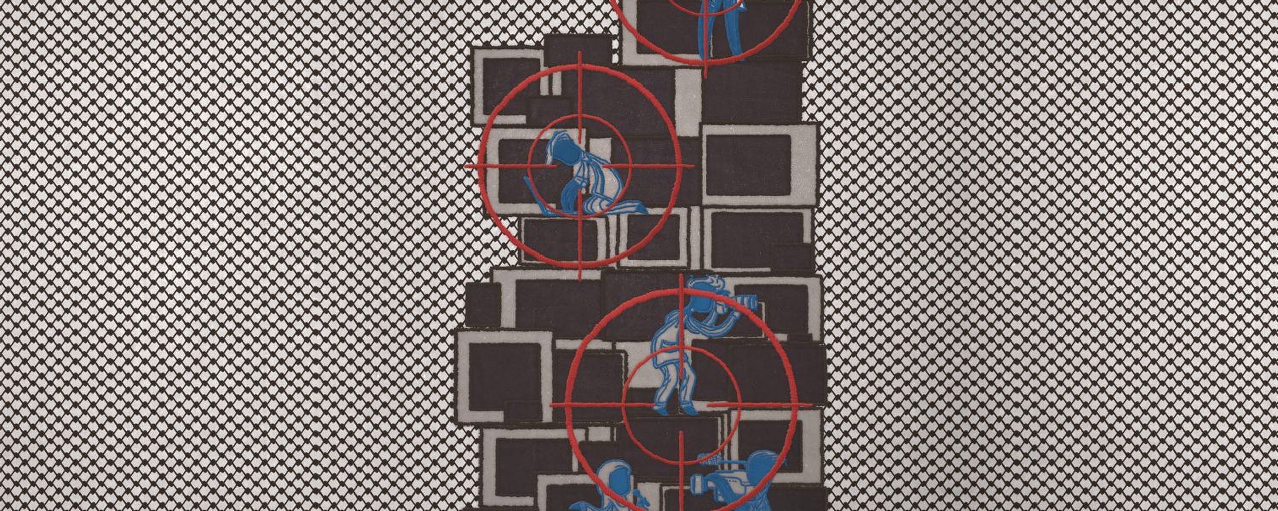 Abstract art with blue figures and red crosshairs on a black-and-white patterned background. Figures interact with a stacked block structure.