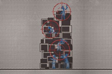 Abstract art with blue figures and red crosshairs on a black-and-white patterned background. Figures interact with a stacked block structure.