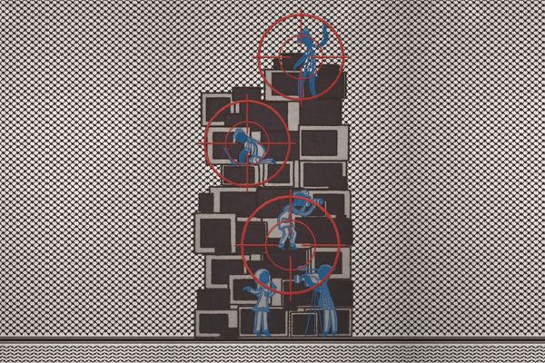 Abstract art with blue figures and red crosshairs on a black-and-white patterned background. Figures interact with a stacked block structure.