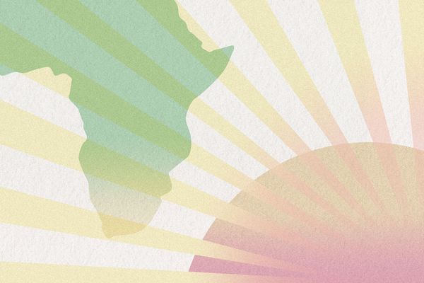 Abstract illustration of a green landmass with sun rays in shades of yellow, pink, and green extending from a semi-circle.