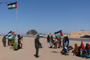 Algerijnen met vlaggen in de hand aan de rand van een straat
