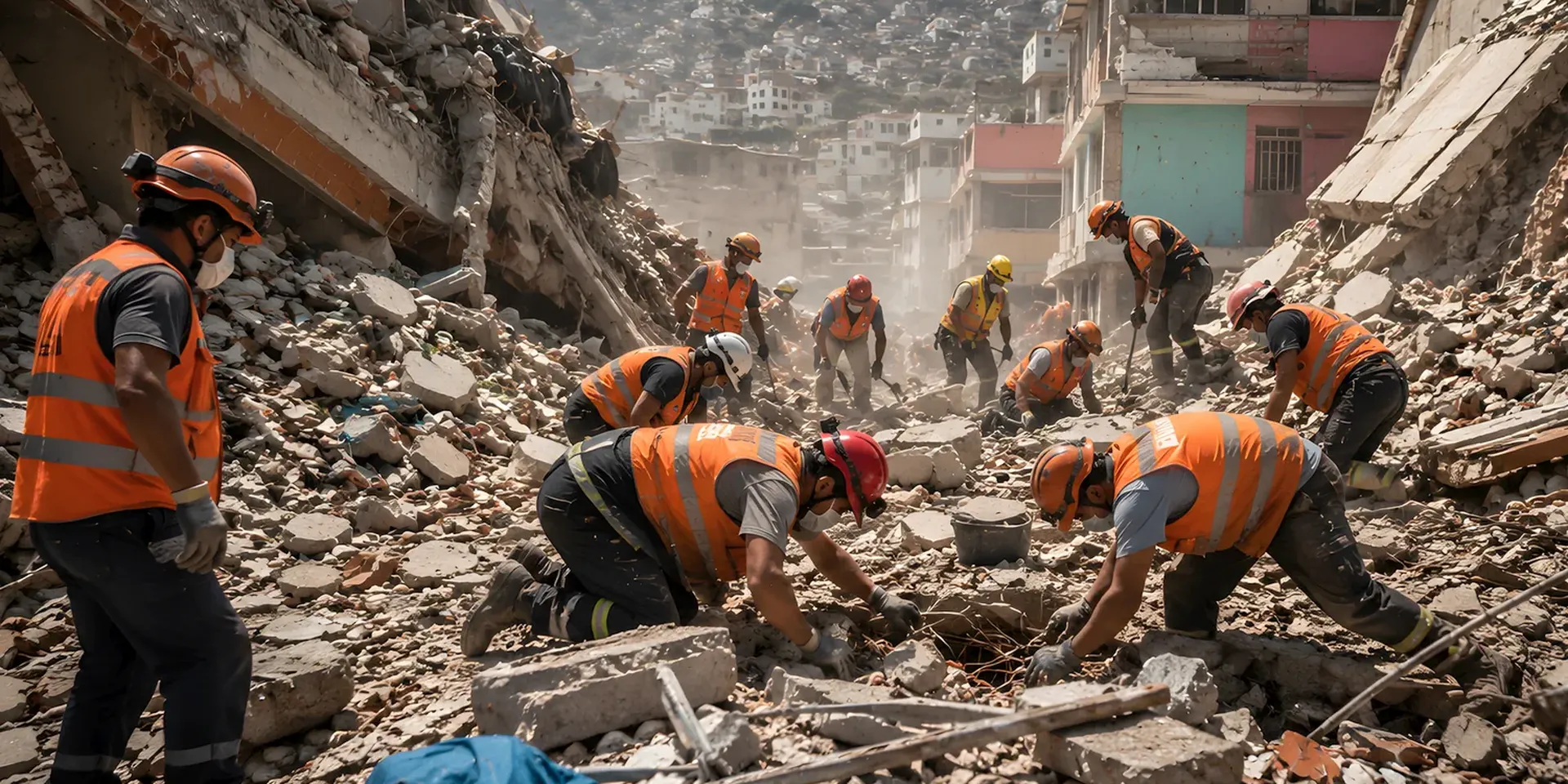 Hulpverleners aan het werk na de zware aardbeving eind juni in Venezuela