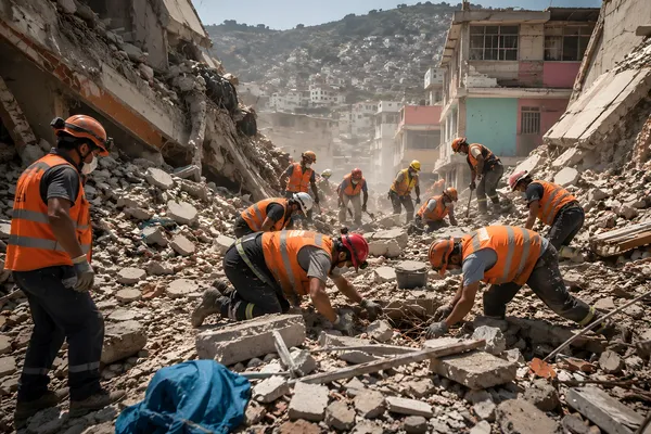 Hulpverleners aan het werk na de zware aardbeving eind juni in Venezuela