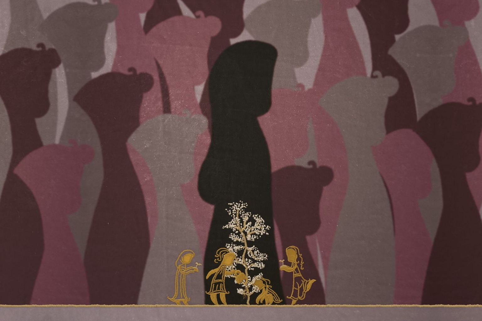Silhouetted figures in shades of pink and purple with golden outlines of people around a tree at the bottom.