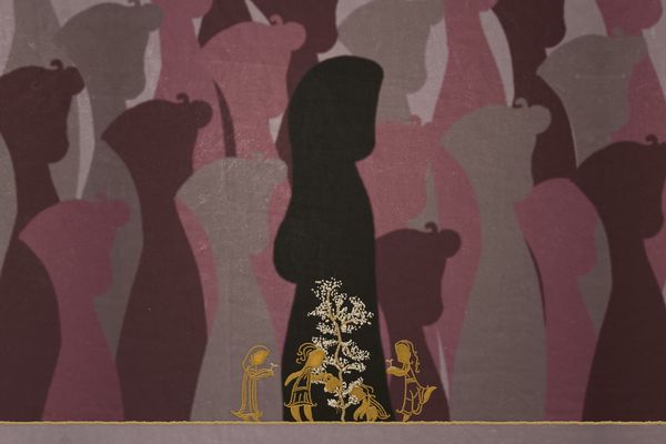 Silhouetted figures in shades of pink and purple with golden outlines of people around a tree at the bottom.