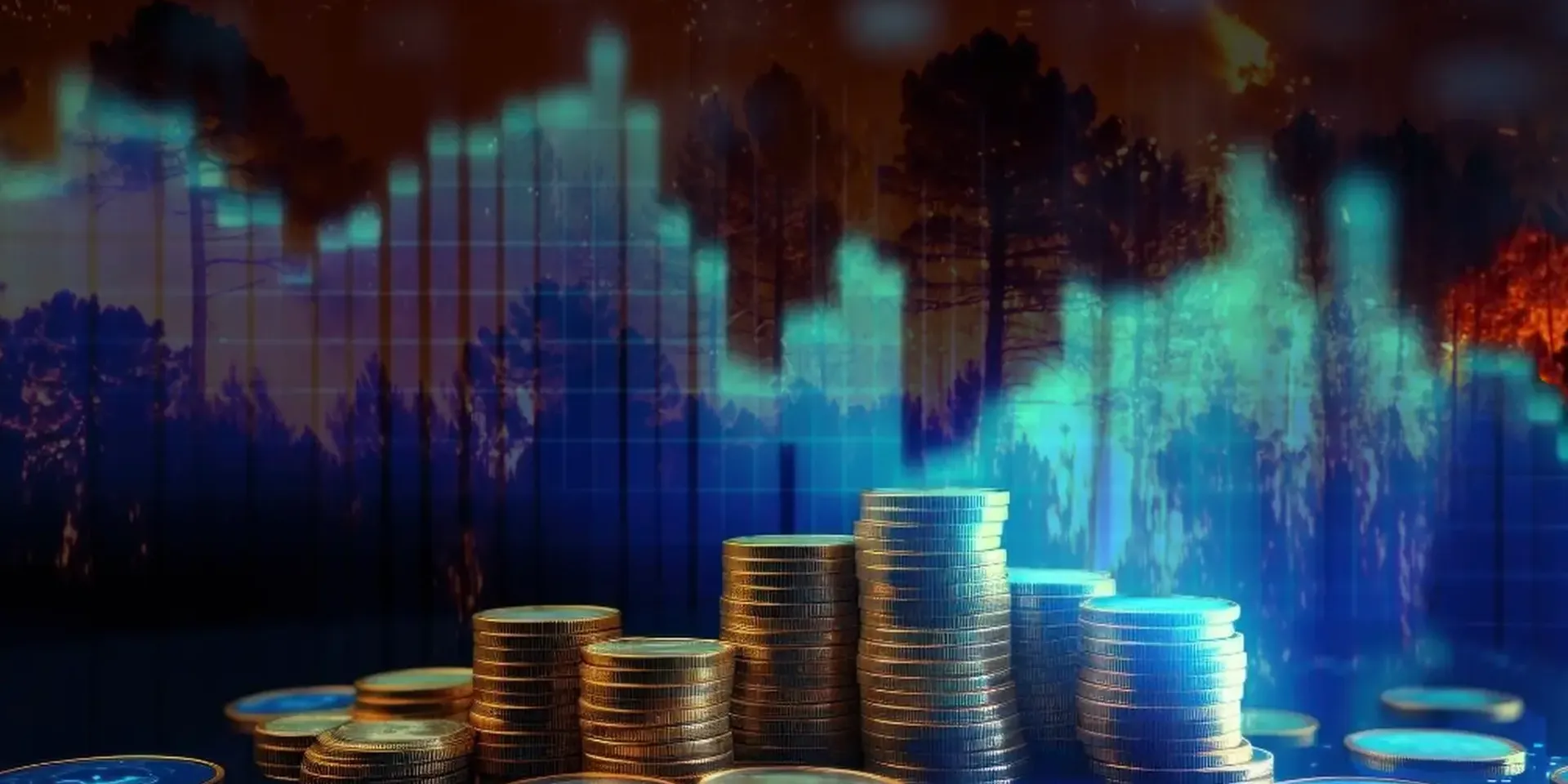 collage van muntstukken, een grafiek en woudbranden