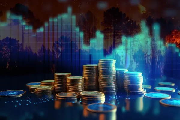 collage van muntstukken, een grafiek en woudbranden