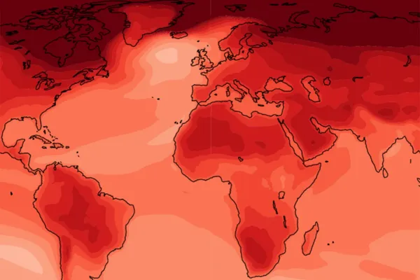 Detail van een felrood gekleurd temperatuurkaart van de aarde