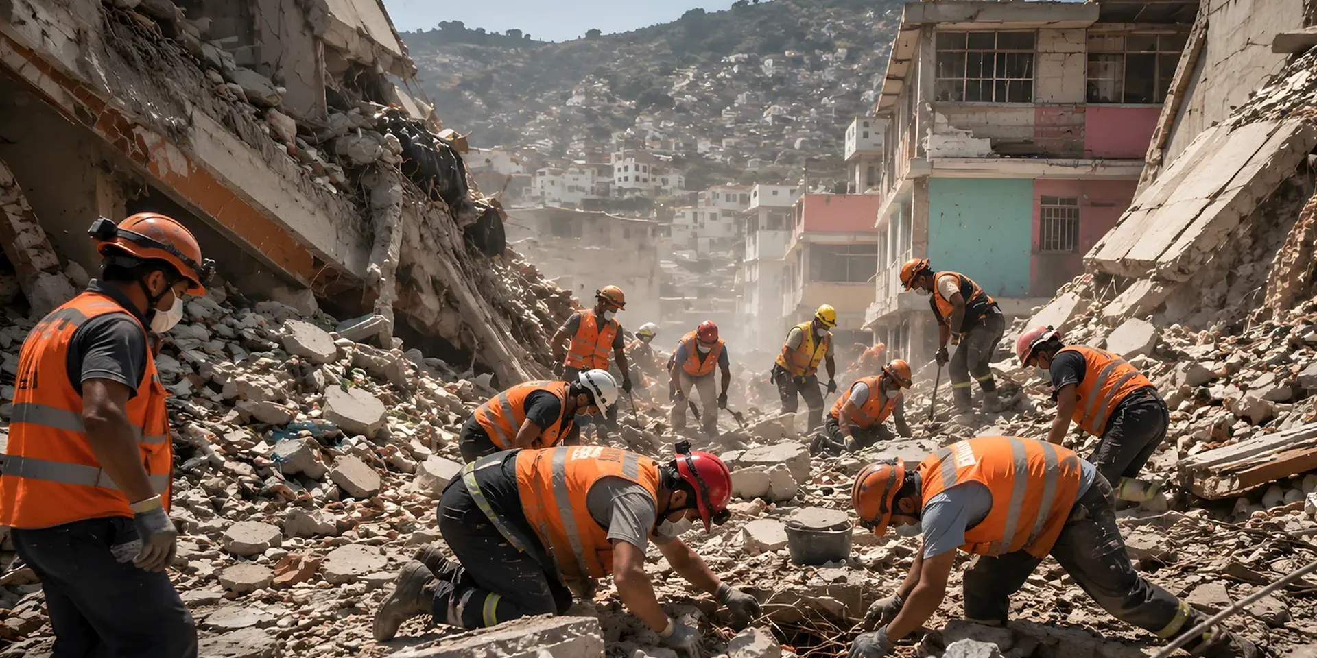 hulpverleners doorzoeken een ingestort gebouw na een aardbeving in Venezuela