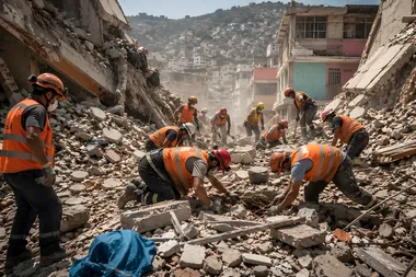 hulpverleners doorzoeken een ingestort gebouw na een aardbeving in Venezuela