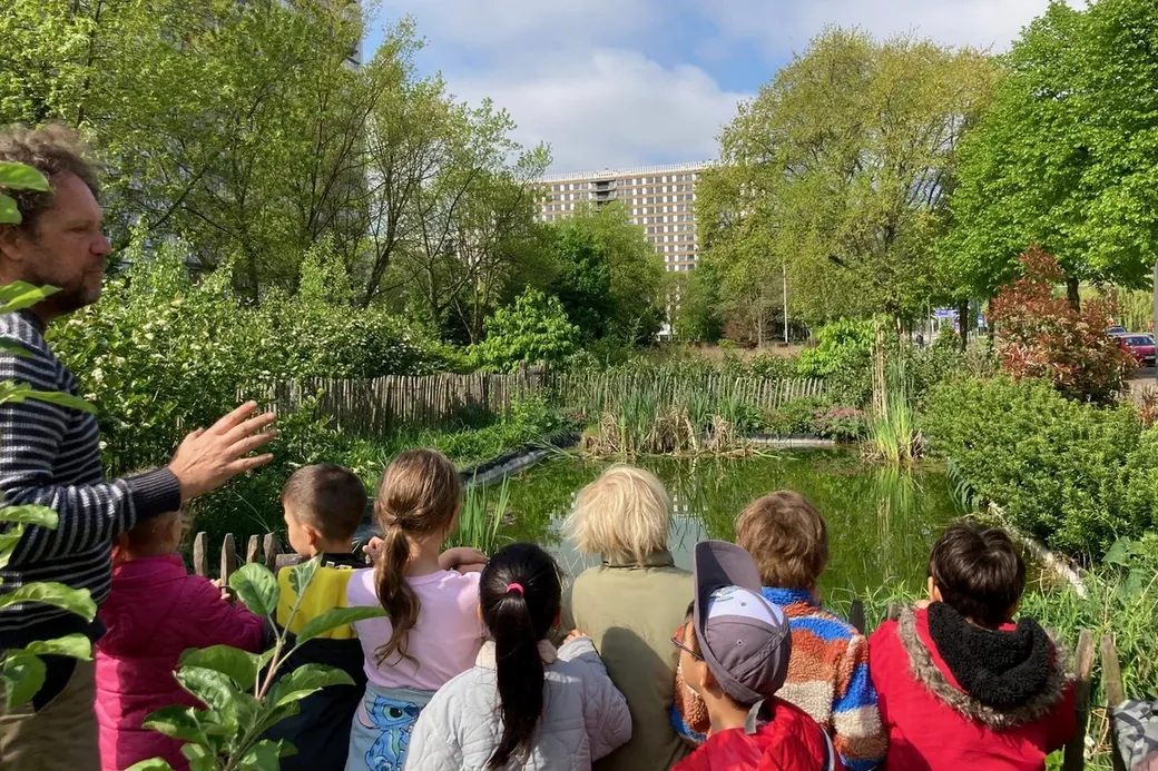 kinderen spelen op een “verwilderd” stuk grond voor een appartementsgebouw dat door ‘Plukgeluk’ bewust werd teruggegeven aan de natuur.
