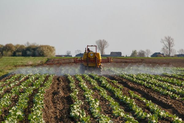 een tractor verspreid pesticiden over een veld