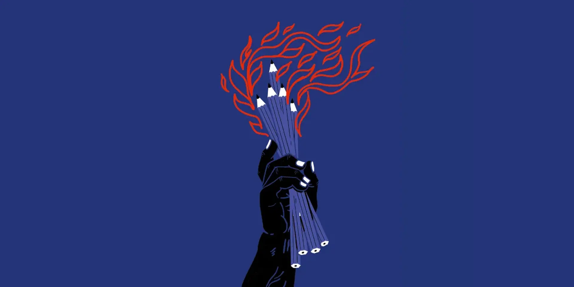 Tekening van een hand die potloden omhoog houdt