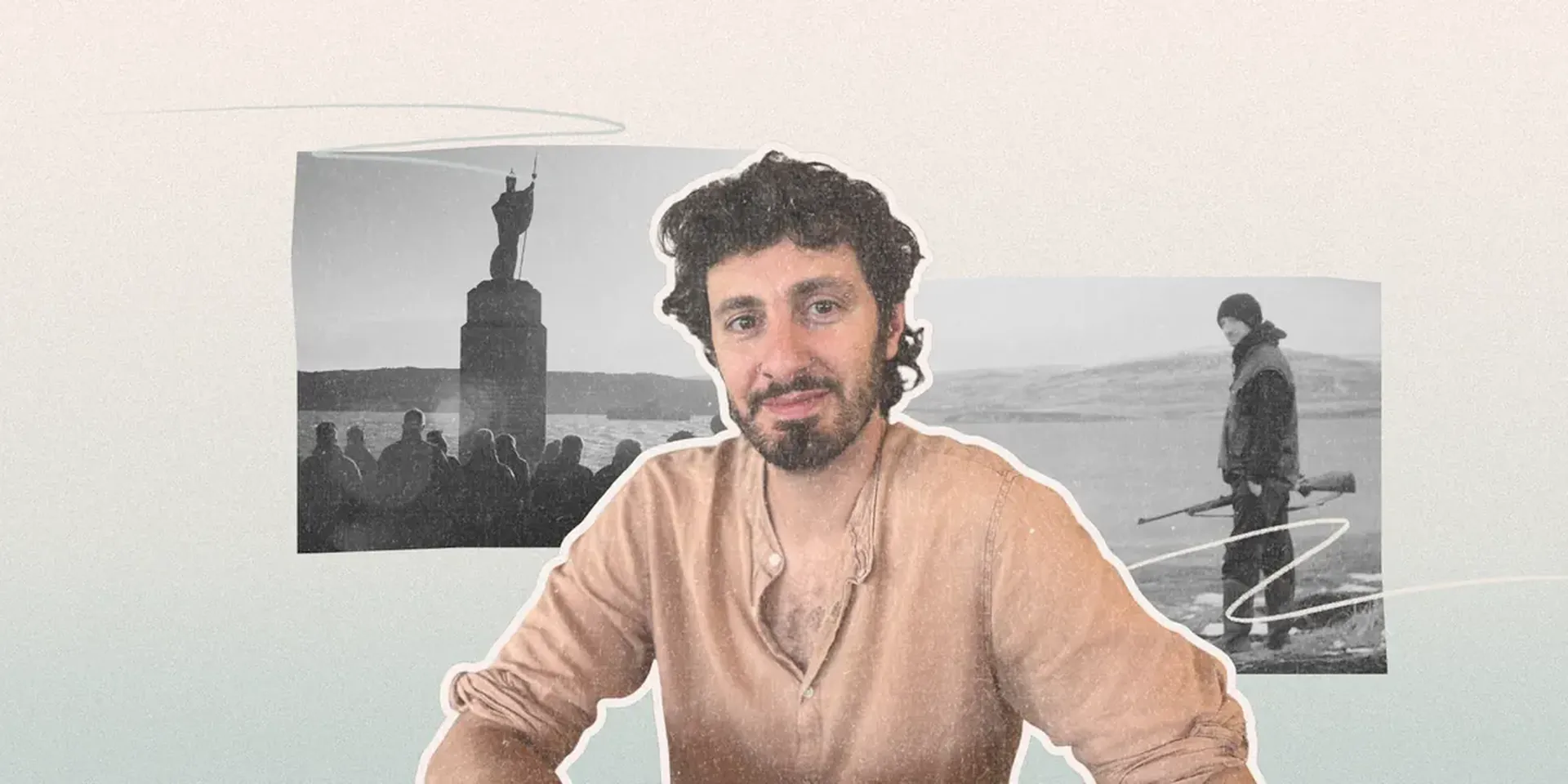 Collage met stills uit de film Los Vencedores en een portretfoto van de regisseur, Pablo Aparo