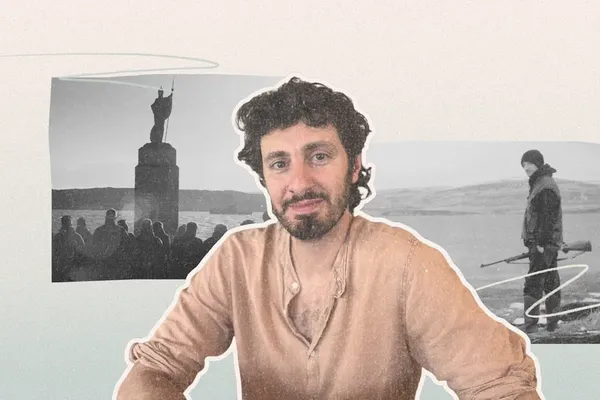 Collage met stills uit de film Los Vencedores en een portretfoto van de regisseur, Pablo Aparo