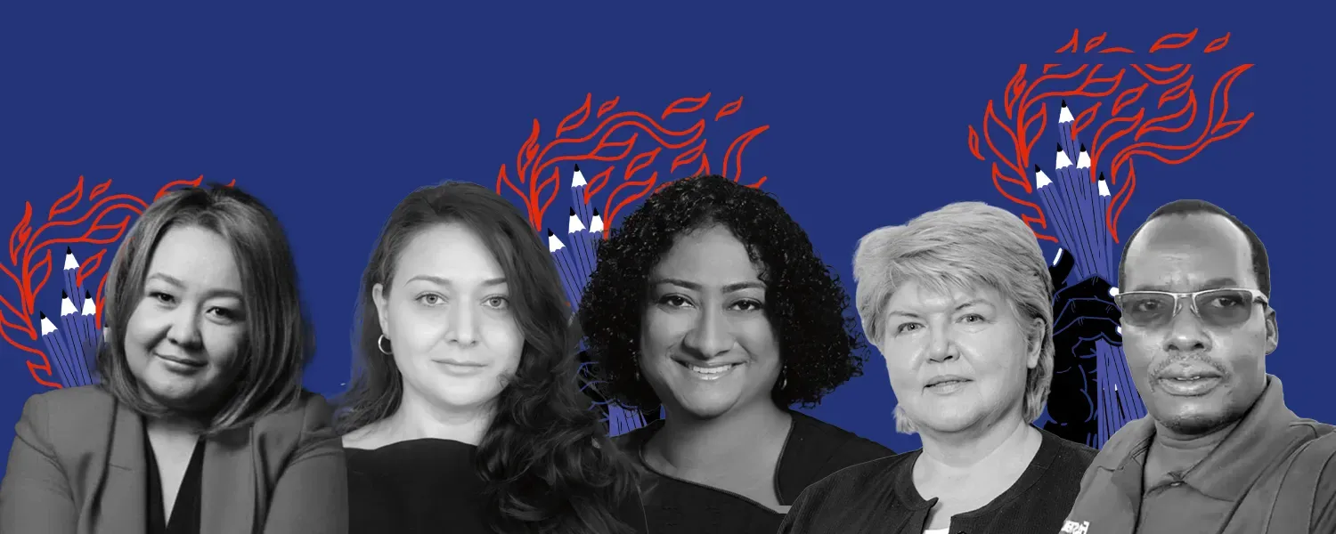 Collage van 5 portretfoto's met vlnr Dilbar Alimova, Anastasia Nani, Meera Silva, Alina Radu en William Oloo Jack