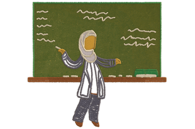 Illustratie van een leerkracht met hoofddoek voor een klaslokaal