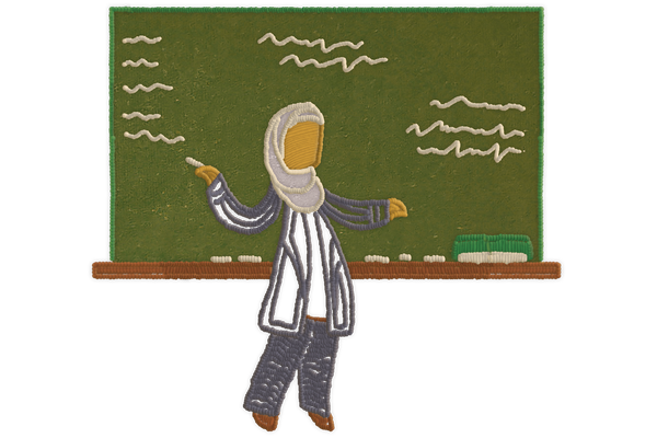 Illustratie van een leerkracht met hoofddoek voor een klaslokaal