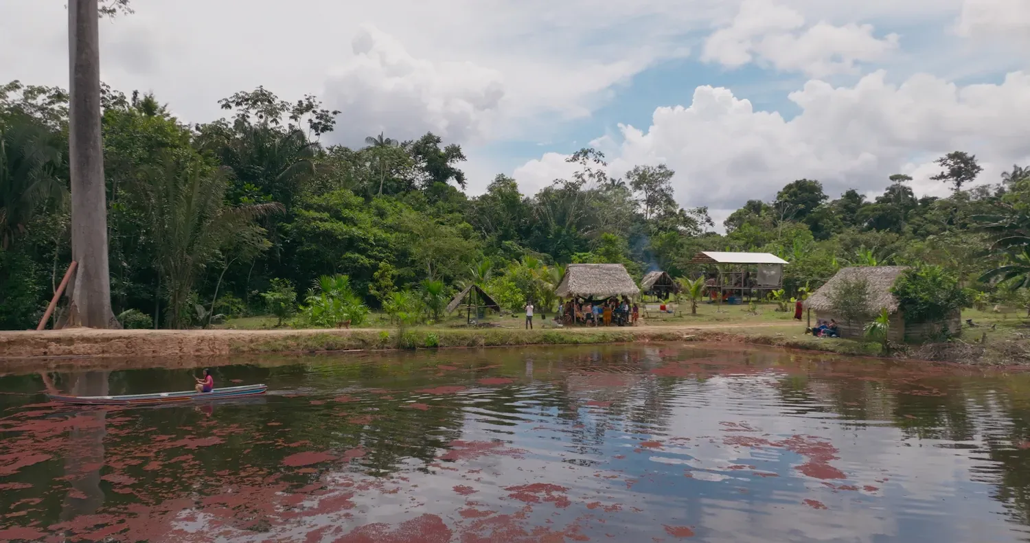 Enkele hutten staan aan de oever van en rivier