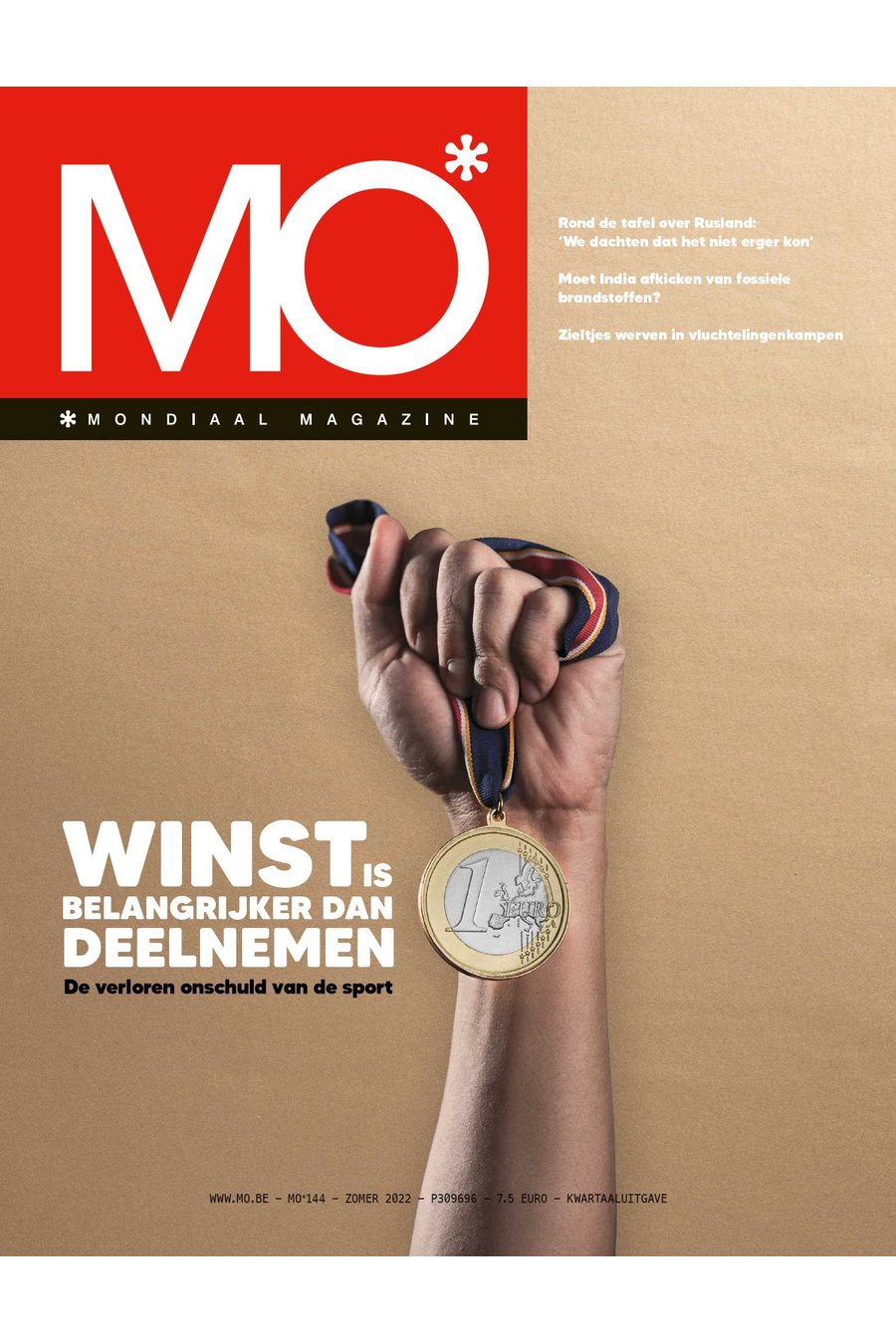 Magazine cover with a hand holding a medal featuring a 1 euro coin. Headline: "Winst is belangrijker dan deelnemen."