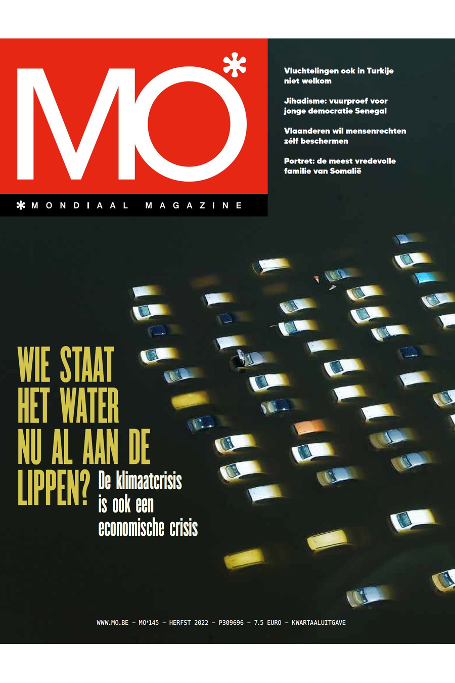 Cover of MO* Mondiaal Magazine with cars on a flooded road, featuring headlines on climate and economic crises, and global issues.