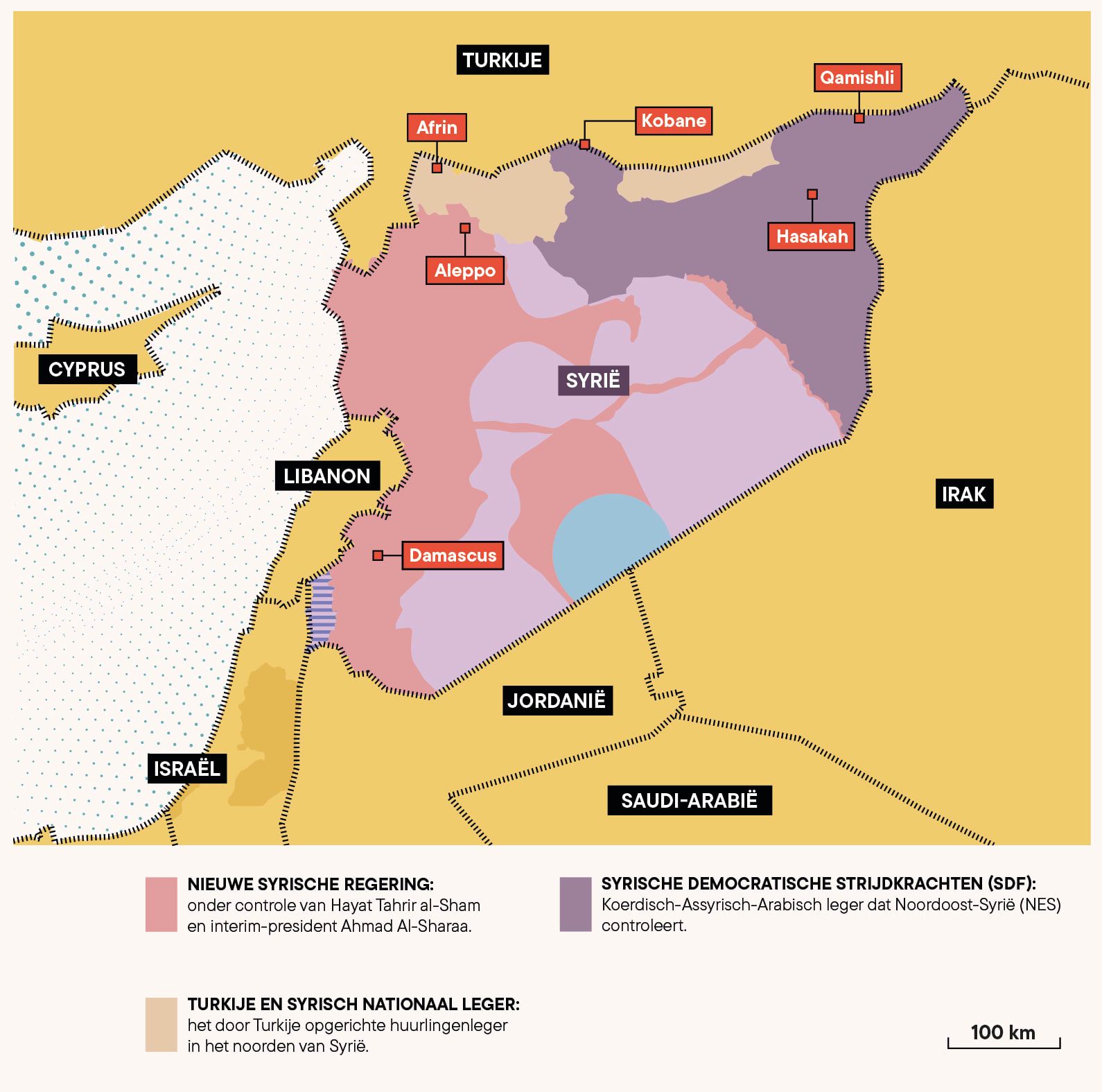 Map of Syria showing regions controlled by different forces, with labeled cities: Damascus, Aleppo, Afrin, Kobane, Qamishli, and Hasakah.