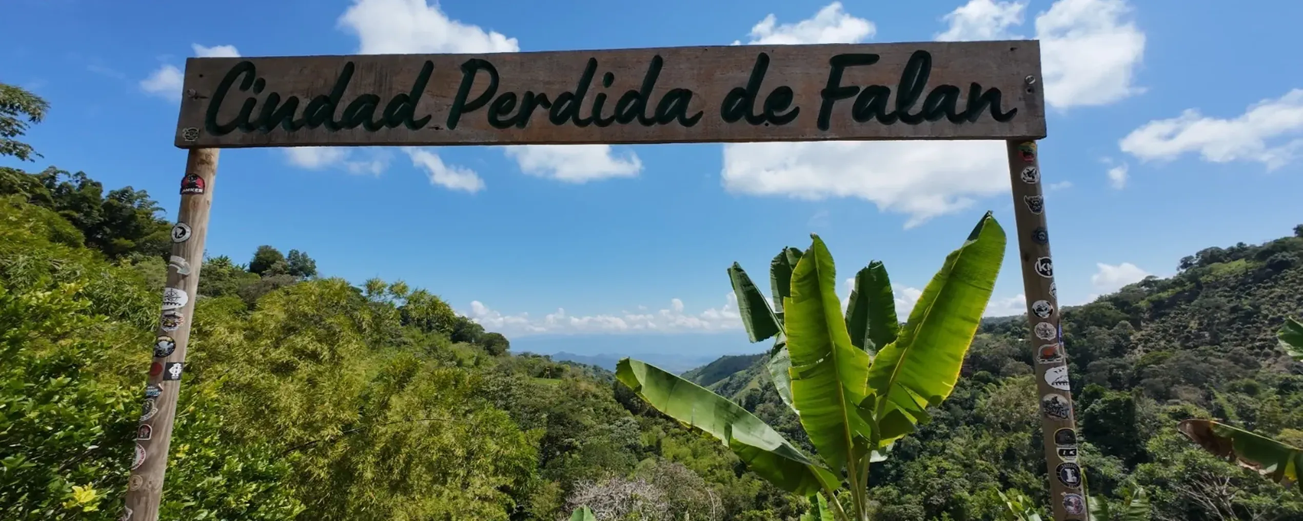 zicht op het bladerdak van een oerwoud. Vooraan een naambord waarop staat ‘Ciudad Perdida de Falan’