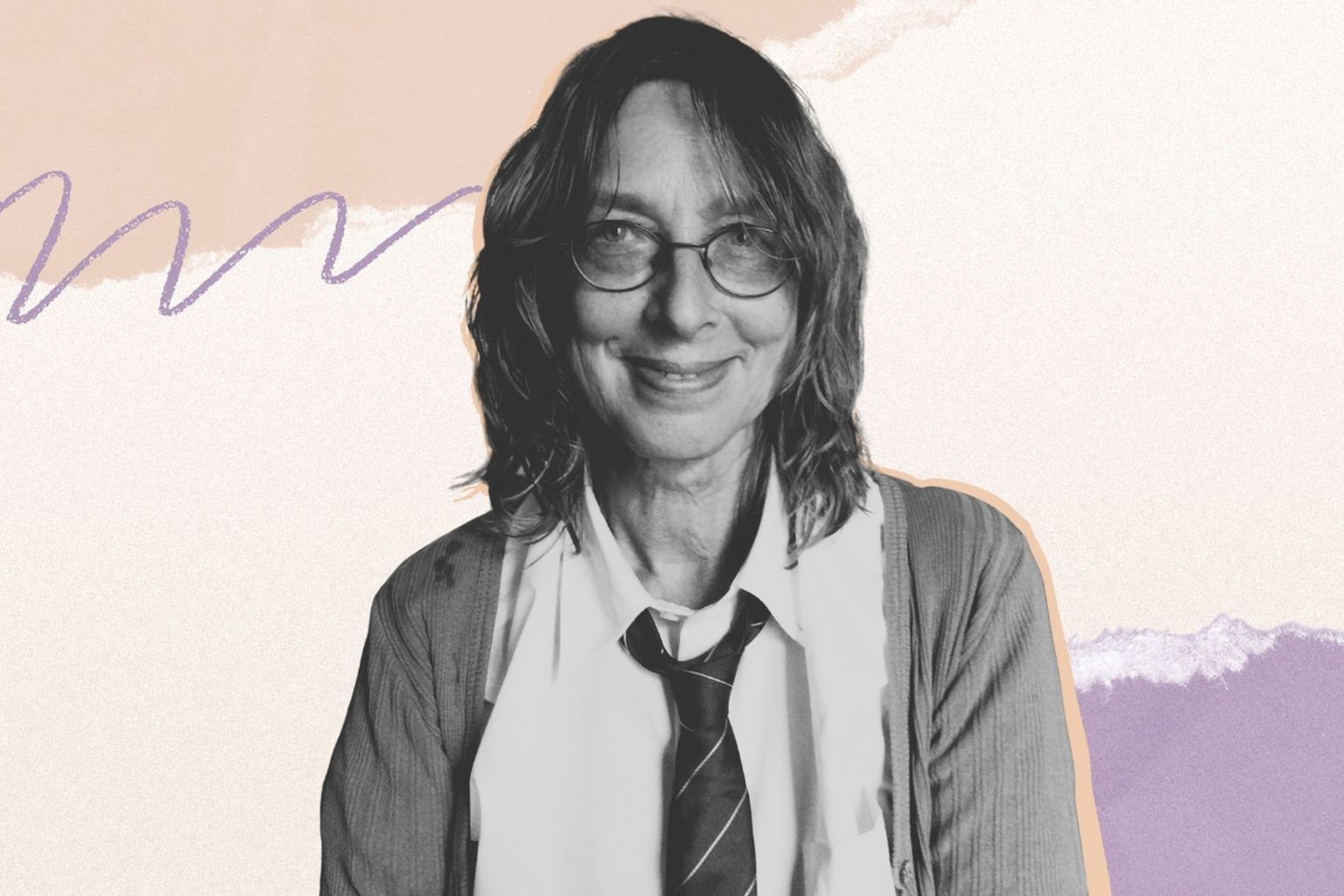 A smiling person with glasses, wearing a shirt and tie, against a pastel abstract background with wavy purple and peach accents.
