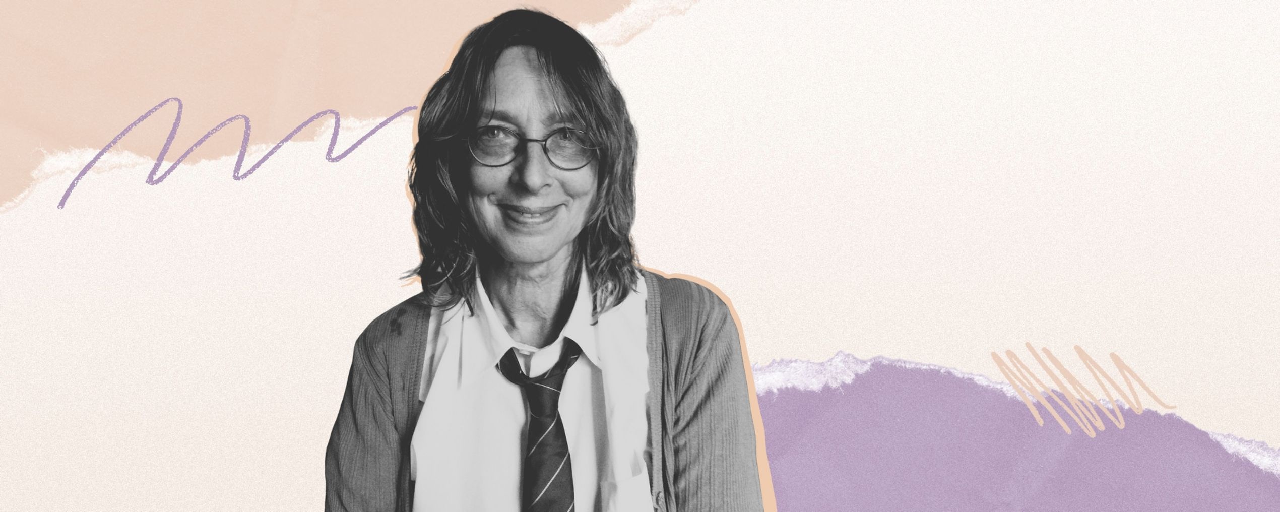 A smiling person with glasses, wearing a shirt and tie, against a pastel abstract background with wavy purple and peach accents.