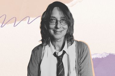 A smiling person with glasses, wearing a shirt and tie, against a pastel abstract background with wavy purple and peach accents.