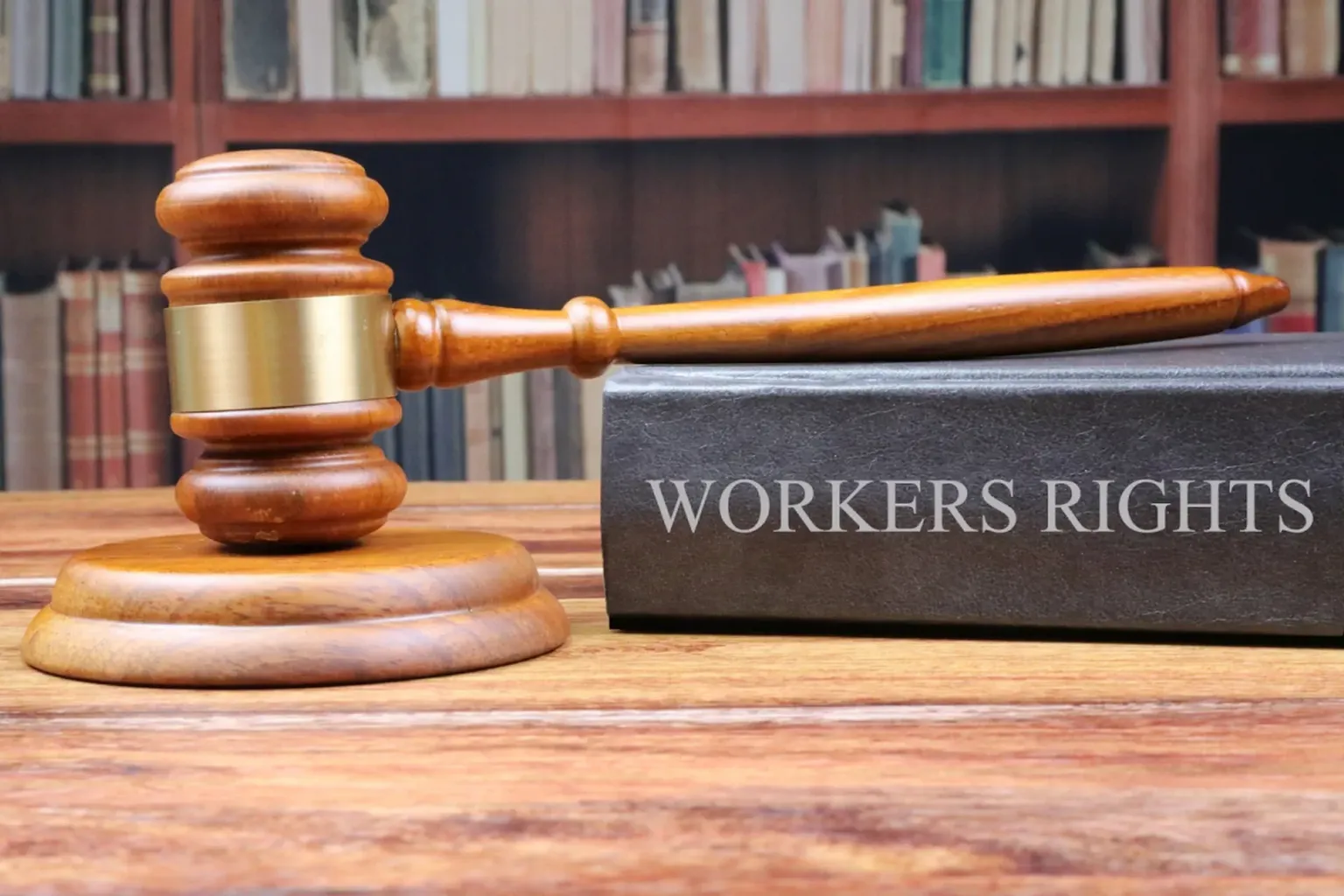 Een moker en een boek getiteld 'workers rights'
