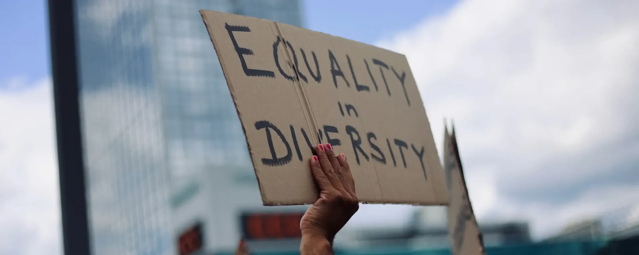 Een mannenhand met gelakte nagels houdt een pancarte vast met de woorden "Equality in Diversity"