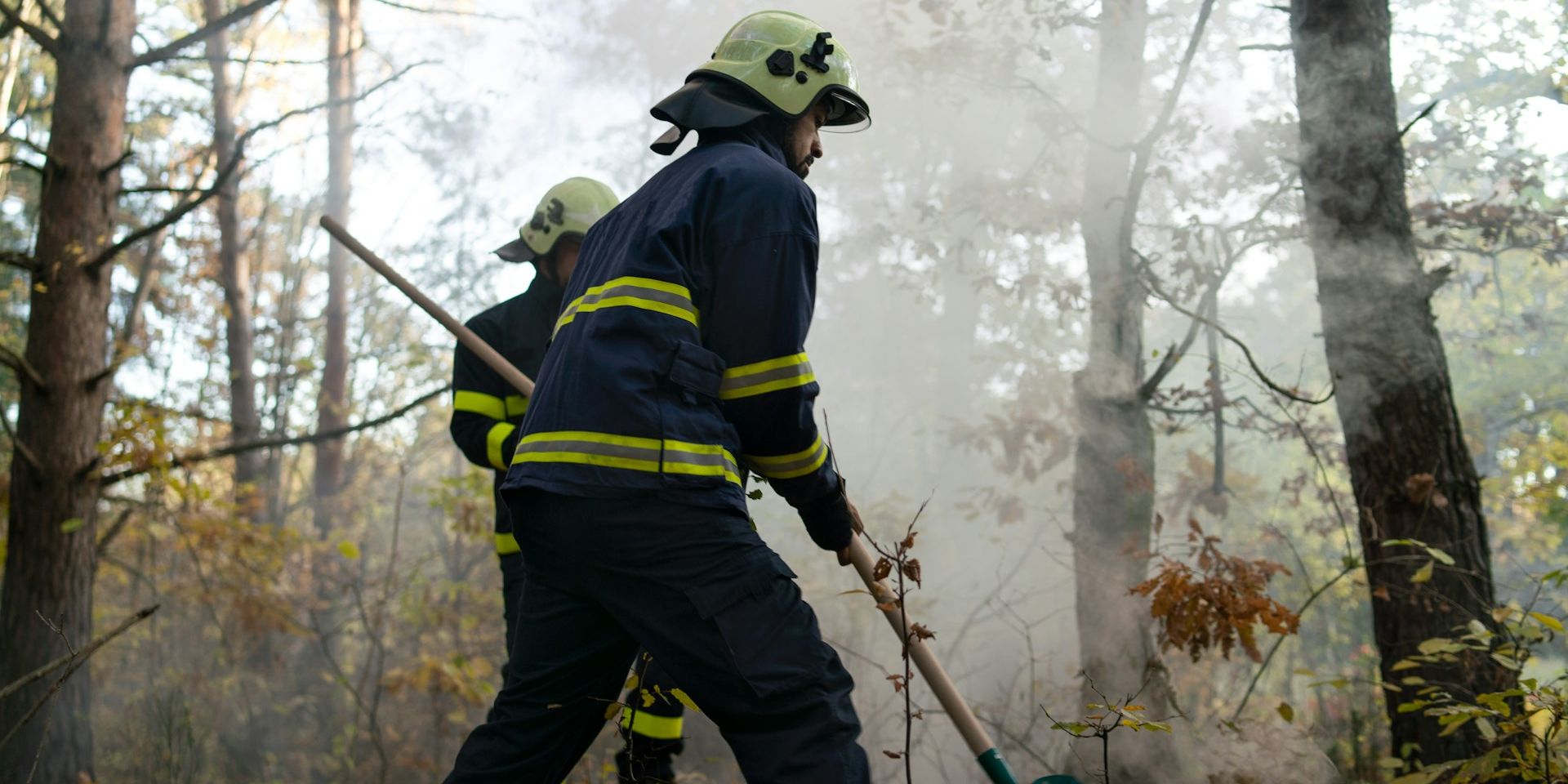 Firefighters in protective gear with helmets work amidst smoke in a forest, using shovels to manage a wildfire.