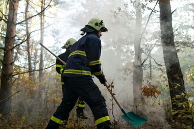 Firefighters in protective gear with helmets work amidst smoke in a forest, using shovels to manage a wildfire.