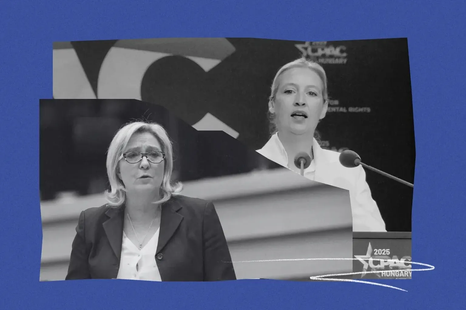 Collage met portretfoto's van Marine Le Pen (RN) en Alice Weidel (AfD)