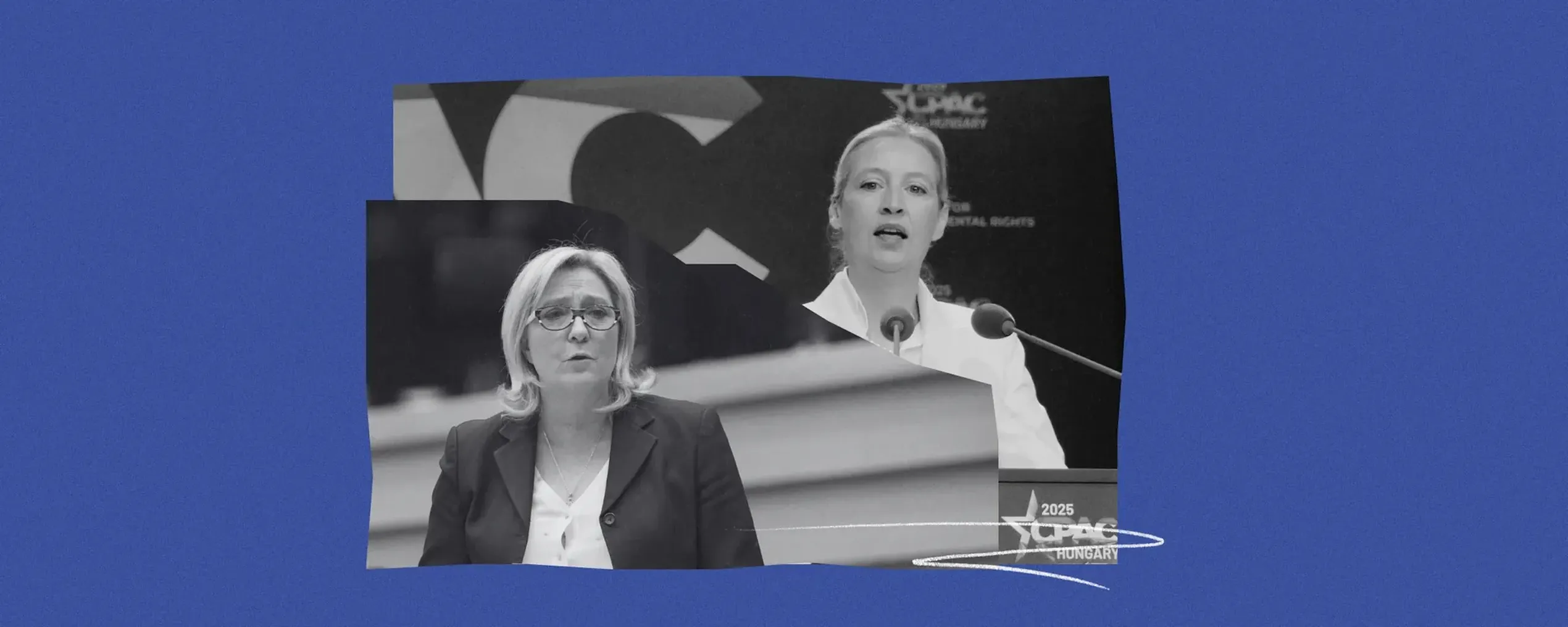 Collage met portretfoto's van Marine Le Pen (RN) en Alice Weidel (AfD)