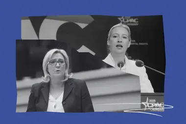 Collage met portretfoto's van Marine Le Pen (RN) en Alice Weidel (AfD)