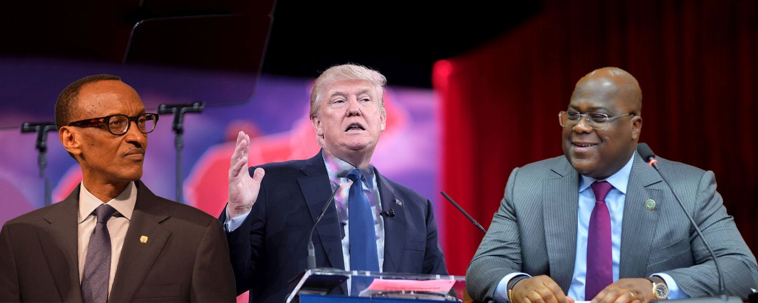 Fotocollage met president Kagame (Rwanda), president Trump (VS) en Tshisekedi (DRC)