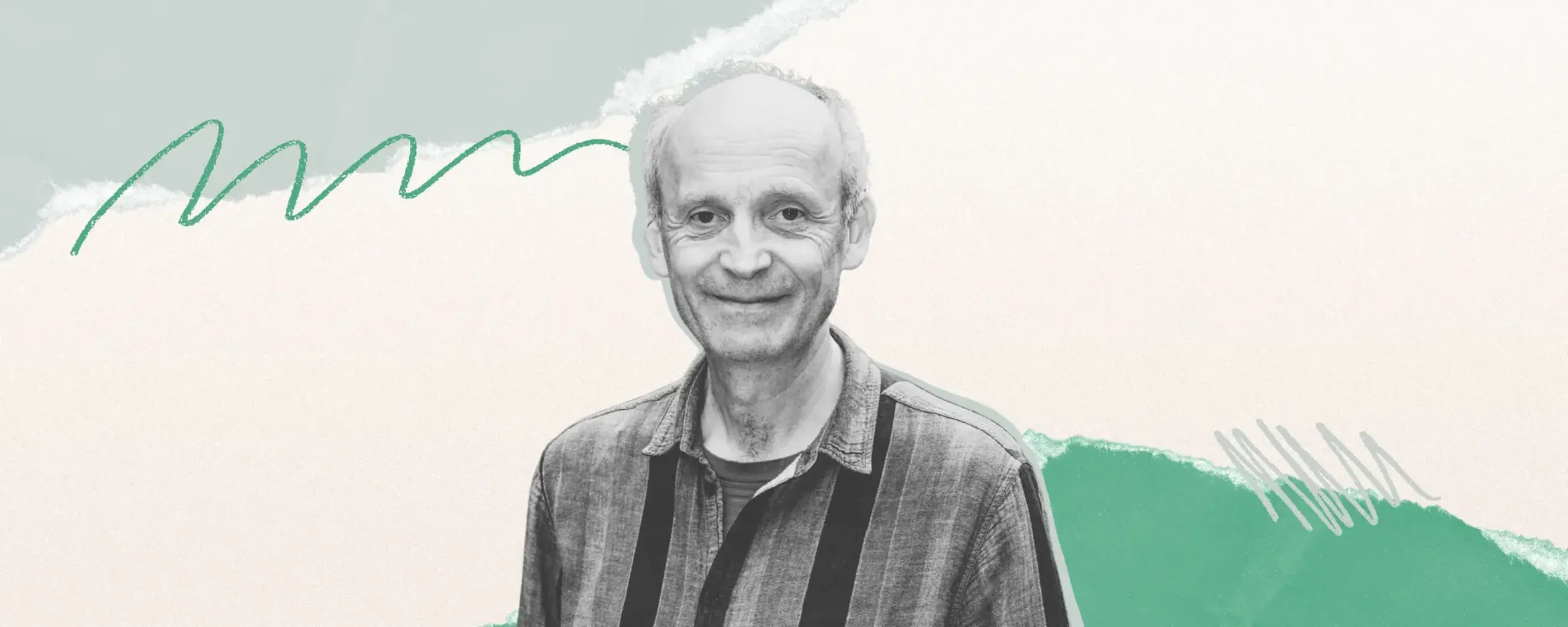 collage van een portretfoto van MO*columnist Jan Mertens op een achtergrond met groene tinten