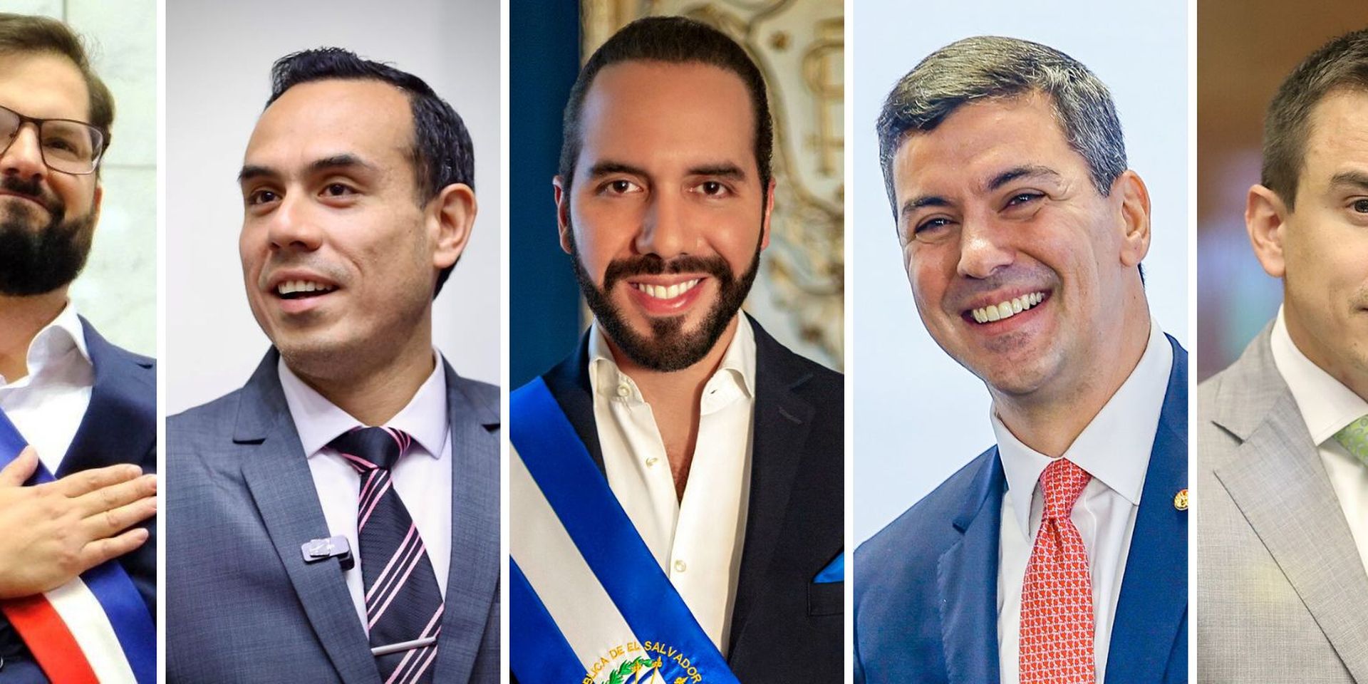 Vijf jonge presidenten van Latijns-Amerika op een rij: Gabriel Boric van Chili, José Jerí van Peru, Nayik Bukele van Colombia, Santiago Peña van Paraguay en Daniel Noboa van Ecuador.
