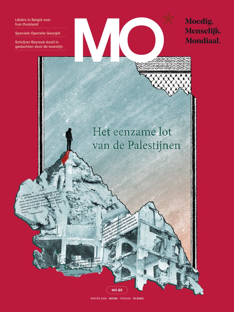 Magazine cover titled "Het eenzame lot van de Palestijnen" with a collage of a figure and destroyed buildings. Red background with text in Dutch.