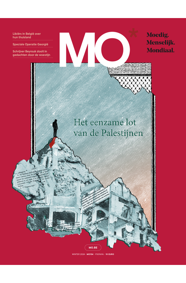 Magazine cover titled "Het eenzame lot van de Palestijnen" with a collage of a figure and destroyed buildings. Red background with text in Dutch.