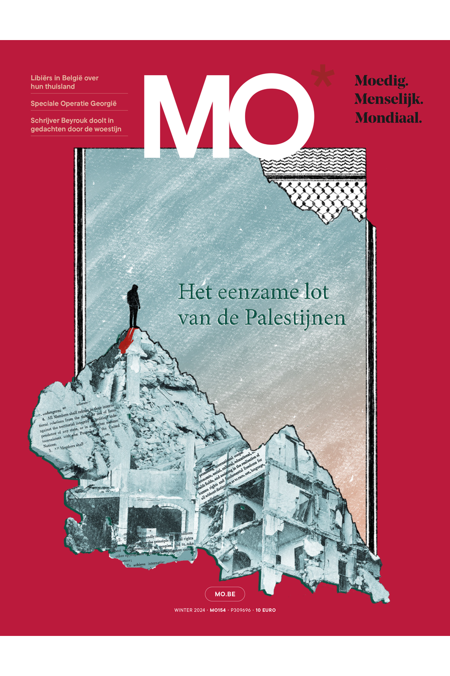 Magazine cover titled "Het eenzame lot van de Palestijnen" with a collage of a figure and destroyed buildings. Red background with text in Dutch.