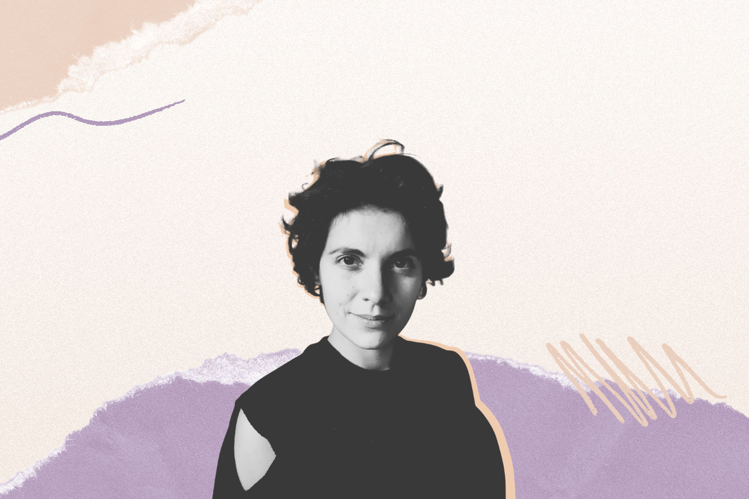A black and white portrait of a person with short hair on an abstract pastel background with wavy lines and torn paper edges.