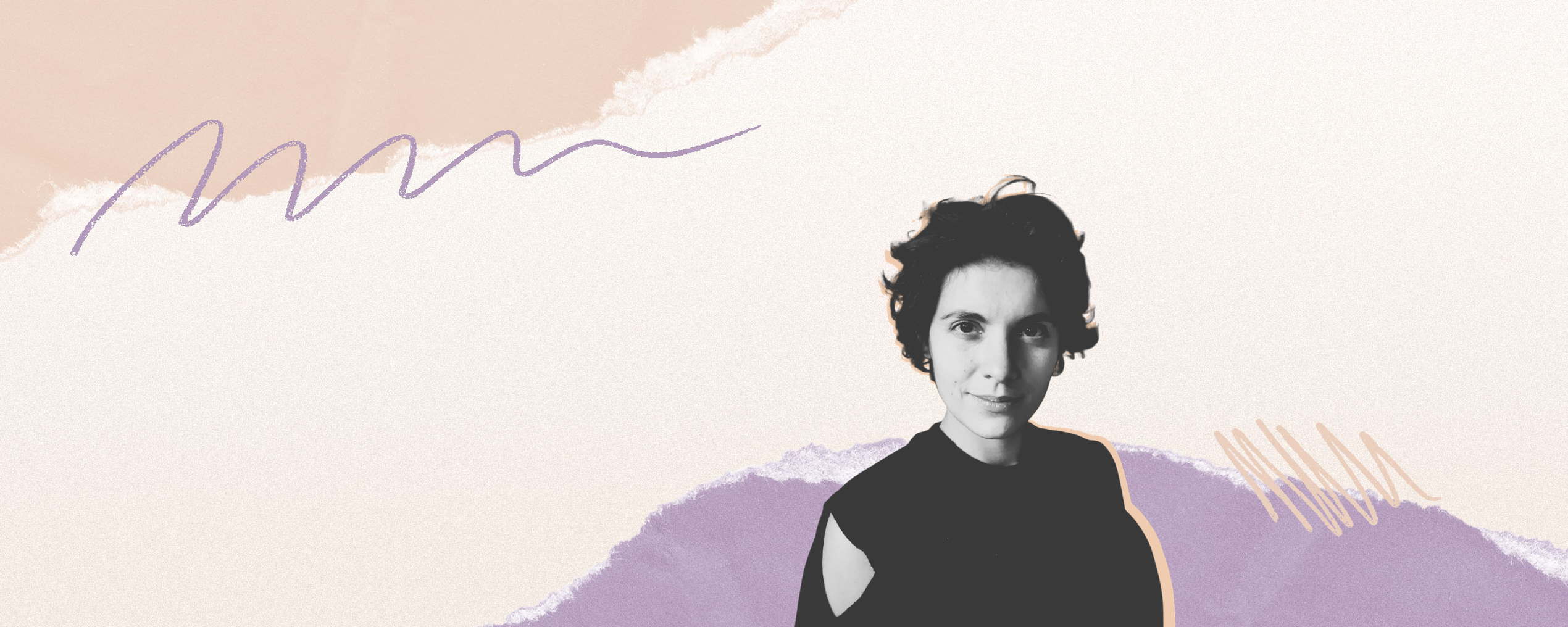 A black and white portrait of a person with short hair on an abstract pastel background with wavy lines and torn paper edges.