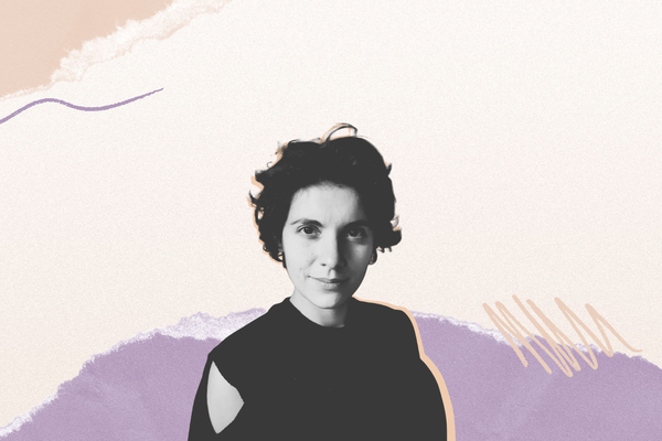 A black and white portrait of a person with short hair on an abstract pastel background with wavy lines and torn paper edges.